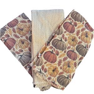Autumn Hill Fall Pumpkins Kitchen Towels Set of 3 Waffle Knit NEW Fast Shipping